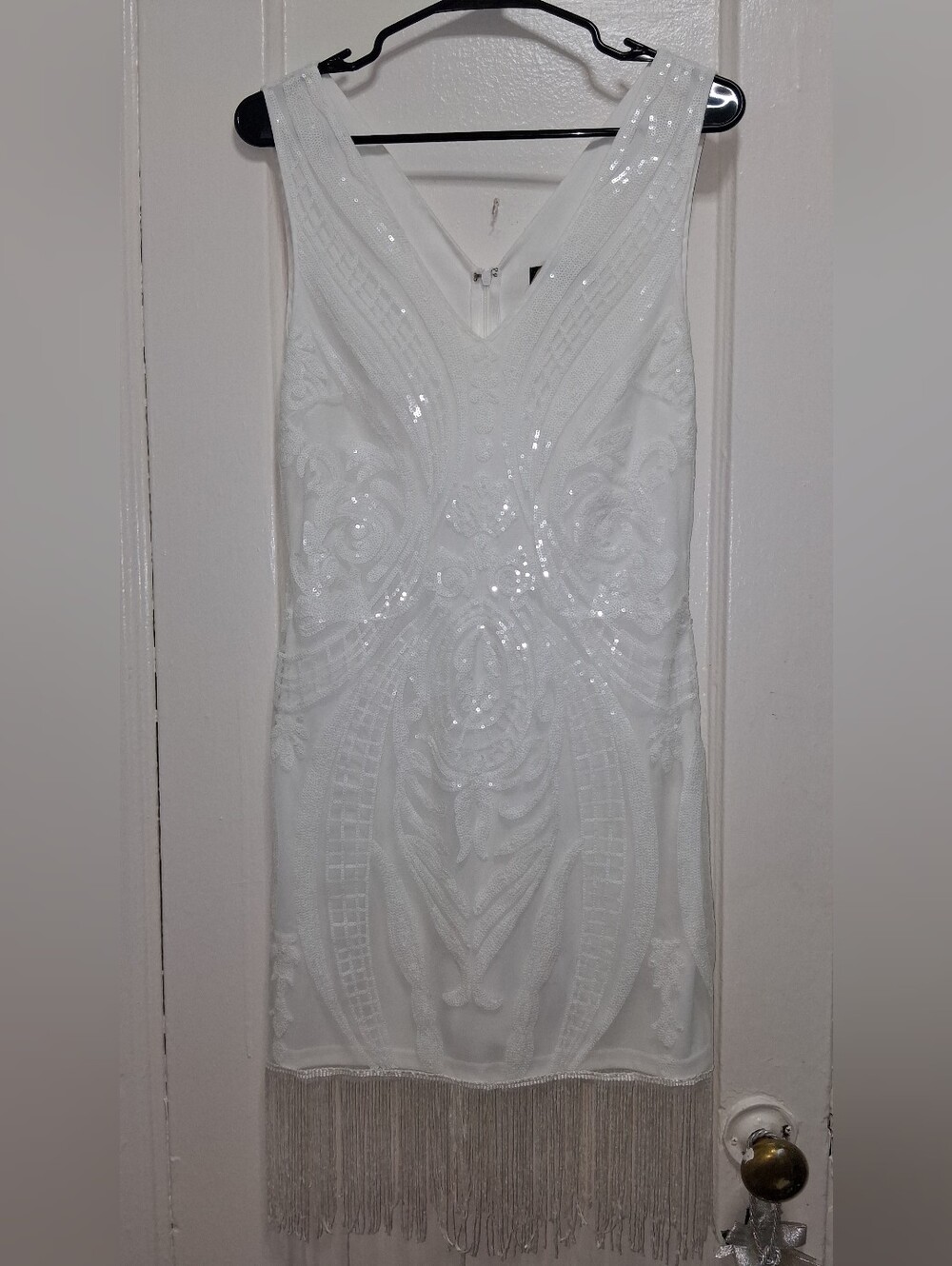 Lulus White Sequin Embroidered Fringe Flapper Dress Size L Gatsby 1920s Style
